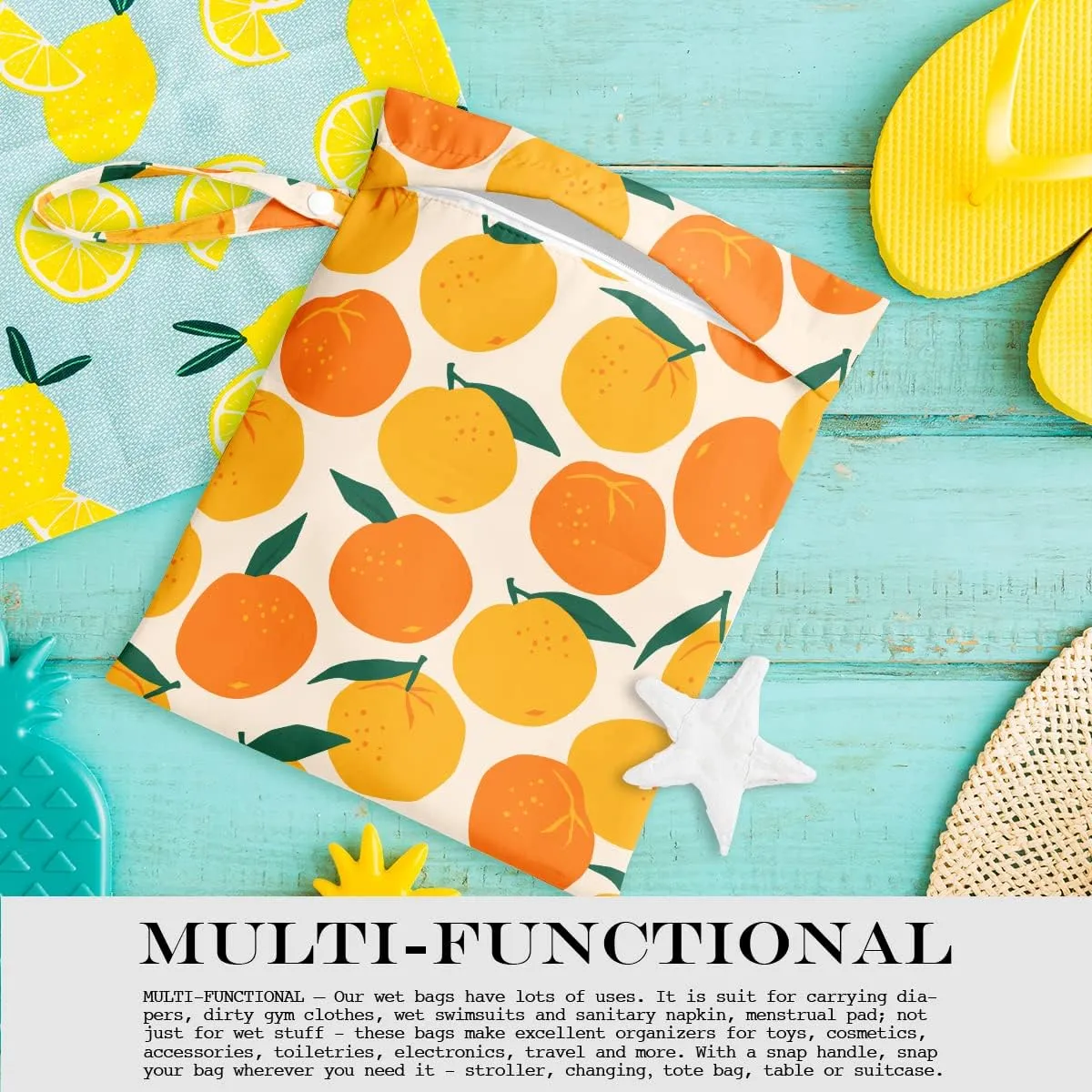 Wet Bag, Wet Dry Bag, Wet Bag for Swimsuit, Travel, Beach, Pool, Diapers, Dirty Yoga Gym Clothes, Makeup Bag, Waterproof Reusable Fruit Decor Orange Strawberry