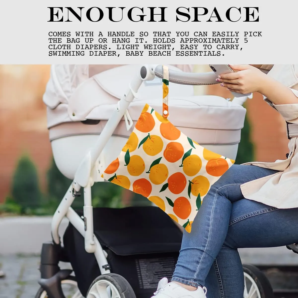 Wet Bag, Wet Dry Bag, Wet Bag for Swimsuit, Travel, Beach, Pool, Diapers, Dirty Yoga Gym Clothes, Makeup Bag, Waterproof Reusable Fruit Decor Orange Strawberry