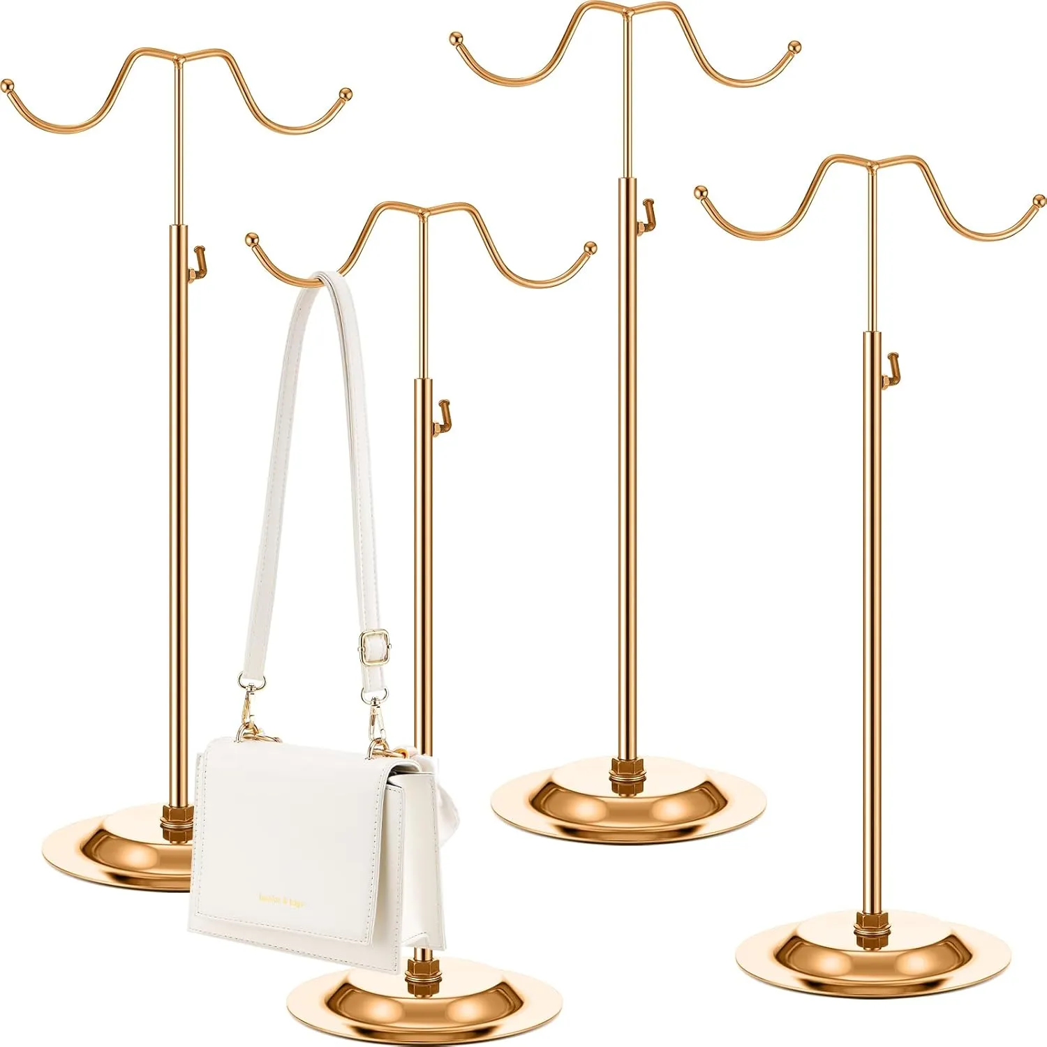 Weysat 4 PCS Purse Holder Stand Adjustable Handbag Display Stand Double Hook Metal Purse Holder for Handbags Wig Hat(Rose Gold)