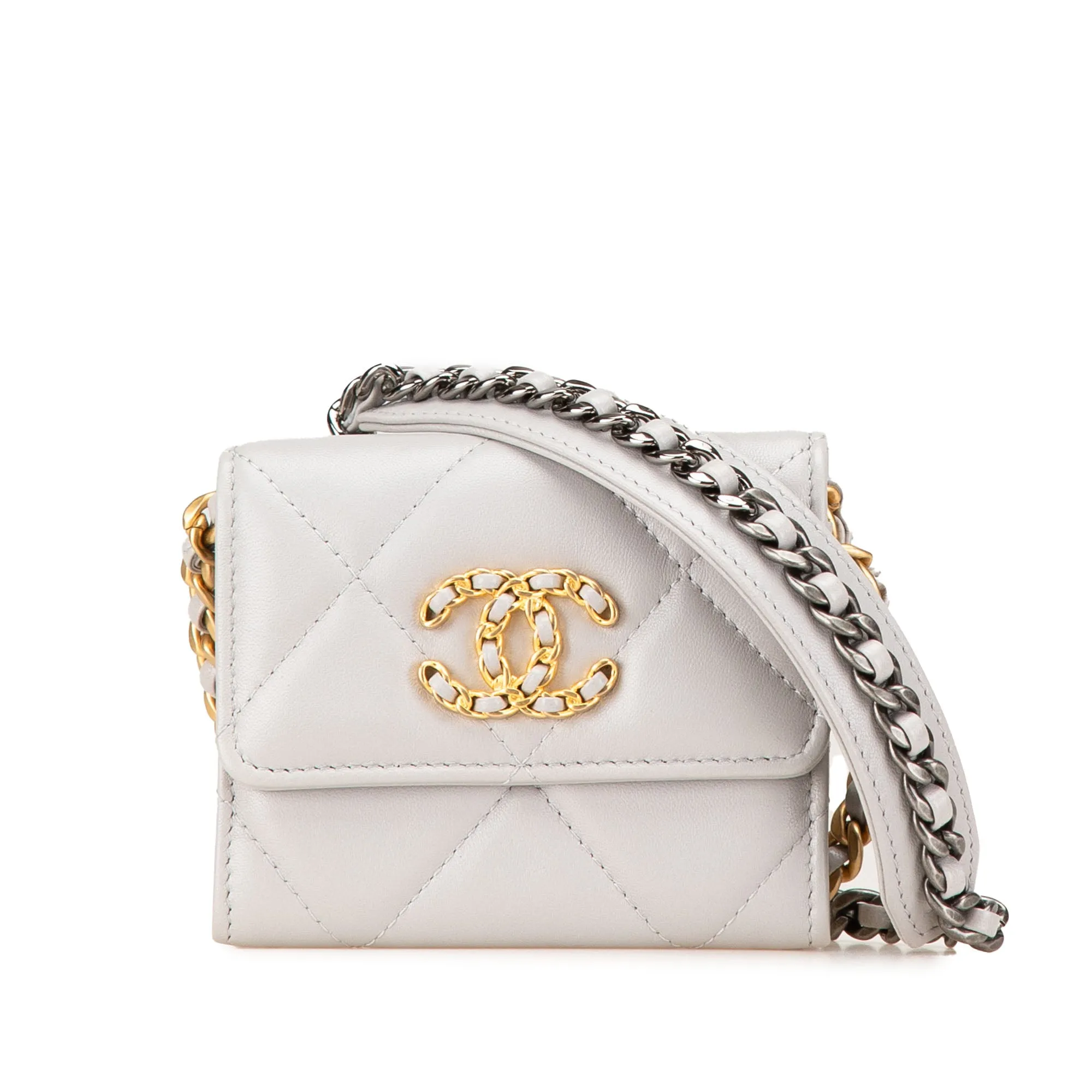 White Chanel Lambskin 19 Flap Coin Purse With Chain Crossbody Bag