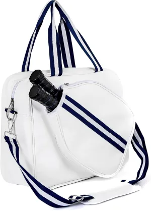 White PU Crossbody Pickleball Tote Bag with Water Bottle Holder, Pickleball Gift Idea