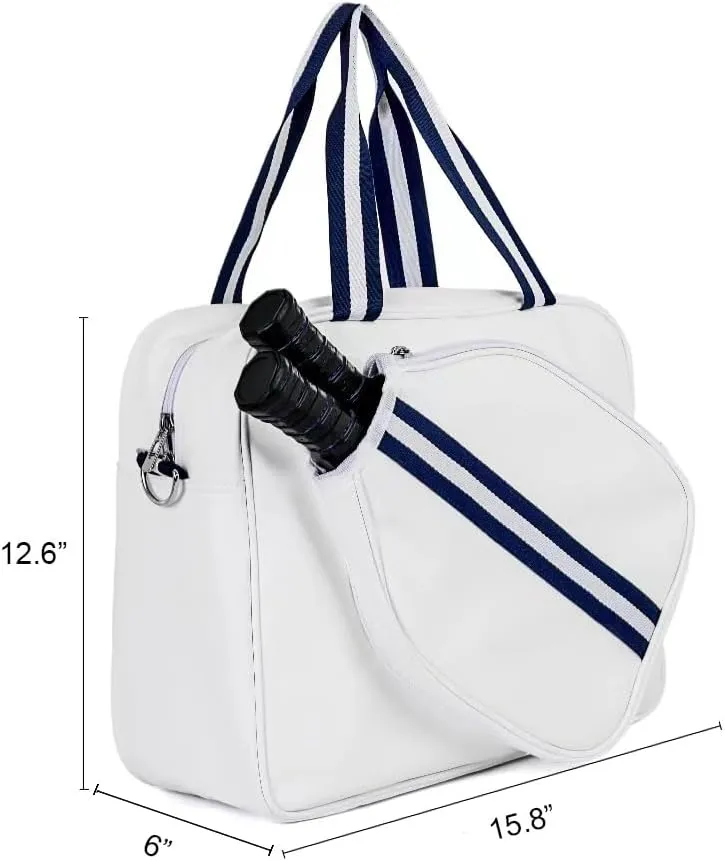 White PU Crossbody Pickleball Tote Bag with Water Bottle Holder, Pickleball Gift Idea