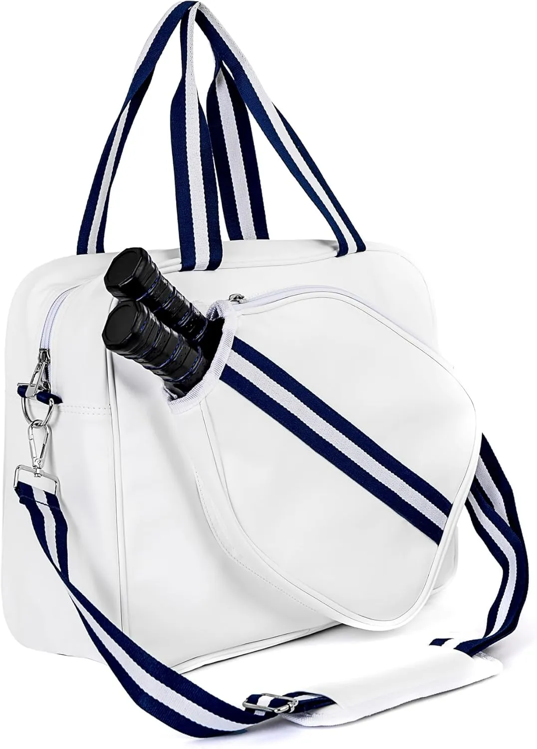 White PU Crossbody Pickleball Tote Bag with Water Bottle Holder, Pickleball Gift Idea