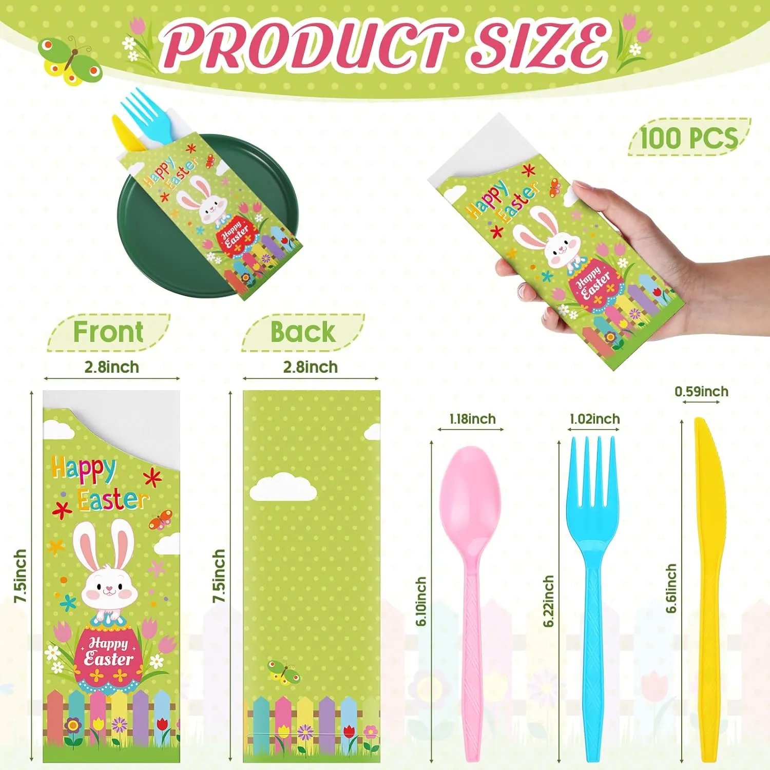 WILLBOND 400 Pcs Happy Easter Decorations Paper Silverware Bags with Plastic Forks Knives Spoons Disposable Cutlery Utensil Holder for Easter Wedding Party Restaurant Kitchen