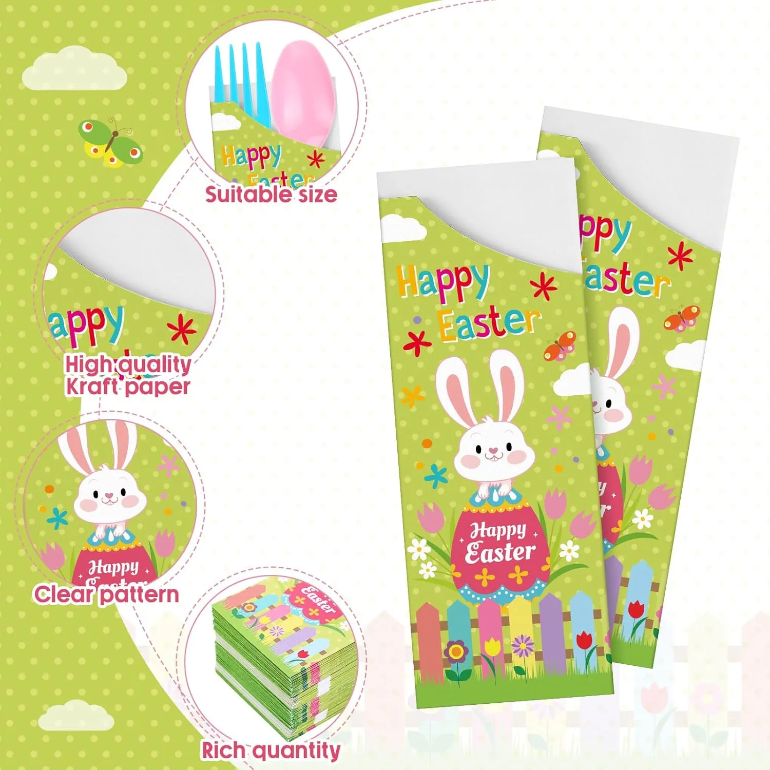 WILLBOND 400 Pcs Happy Easter Decorations Paper Silverware Bags with Plastic Forks Knives Spoons Disposable Cutlery Utensil Holder for Easter Wedding Party Restaurant Kitchen