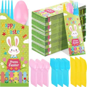 WILLBOND 400 Pcs Happy Easter Decorations Paper Silverware Bags with Plastic Forks Knives Spoons Disposable Cutlery Utensil Holder for Easter Wedding Party Restaurant Kitchen