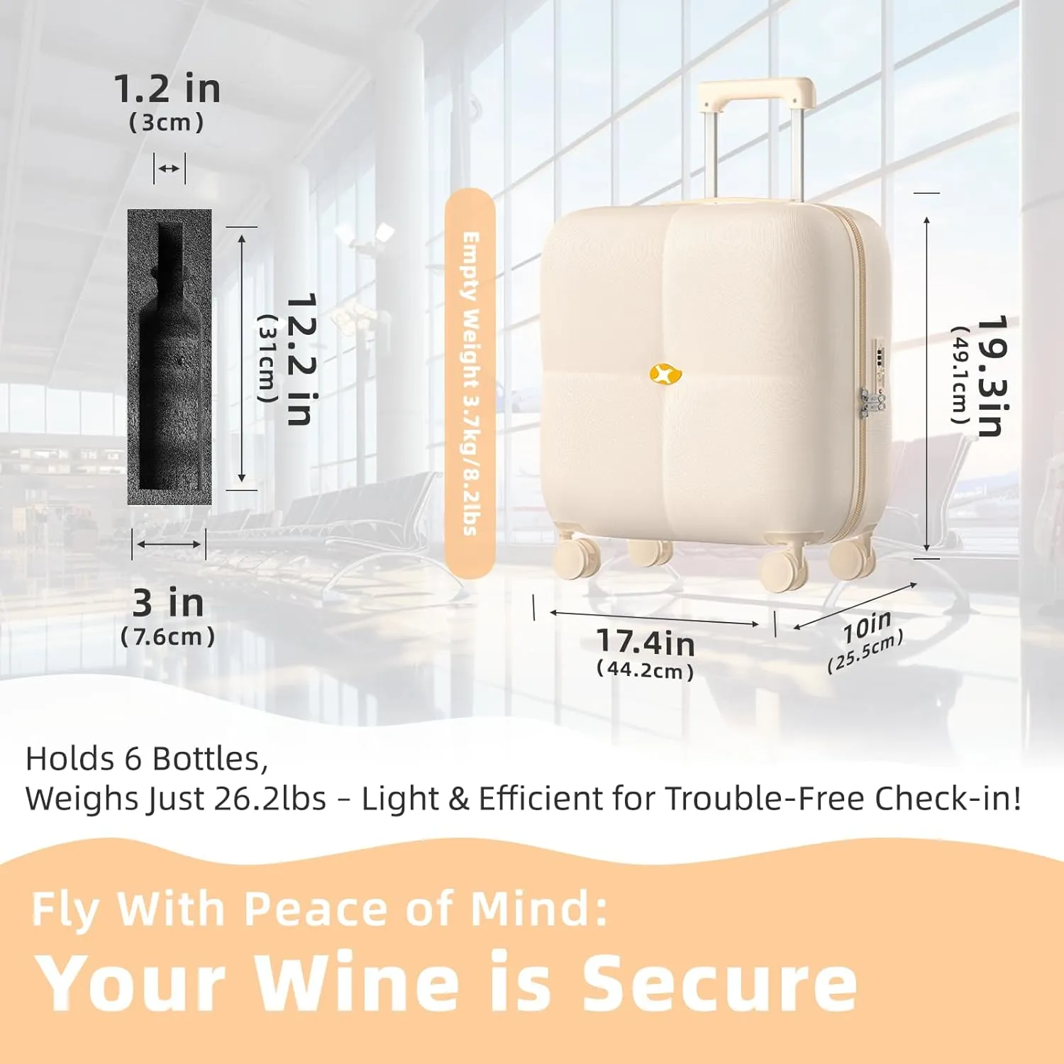 Wine Suitcase - 6 Bottle Travel Case with TSA Lock, Removable Inserts and Silent Spinner Wheels