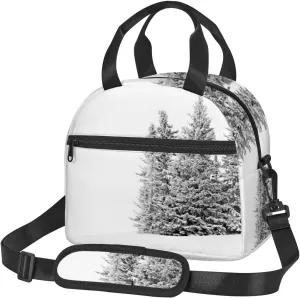 Winter Theme,Lunch Box for Women,Winter Season Snowy Spruce Trees,Insulated Lunch Bag Women with Adjustable Shoulder Strap,Cute Lunch Tote Bag for Work,Picnic,Camping,Grey White