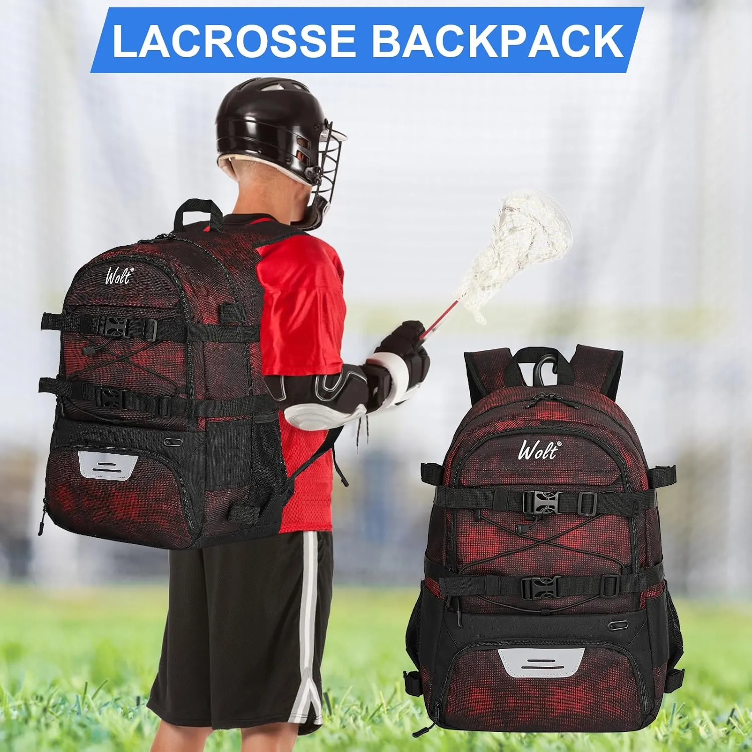 WOLT Lacrosse Bag-Lacrosse Backpack with Two Sticks Holder-Large Field Hockey Bag Holds All Sport Gears