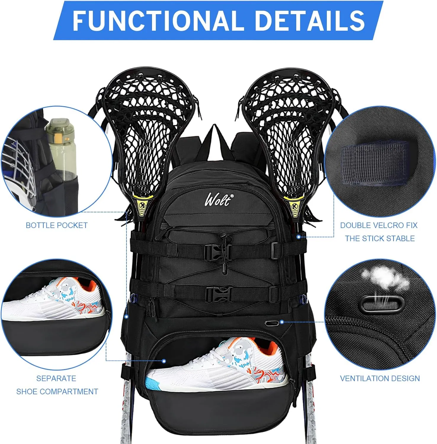 WOLT Lacrosse Bag-Lacrosse Backpack with Two Sticks Holder-Large Field Hockey Bag Holds All Sport Gears