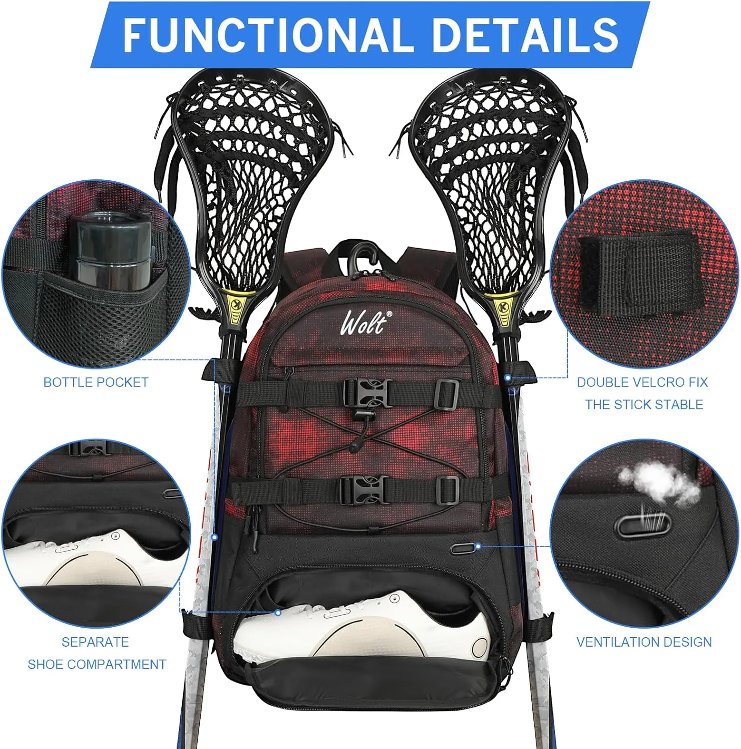 WOLT Lacrosse Bag-Lacrosse Backpack with Two Sticks Holder-Large Field Hockey Bag Holds All Sport Gears