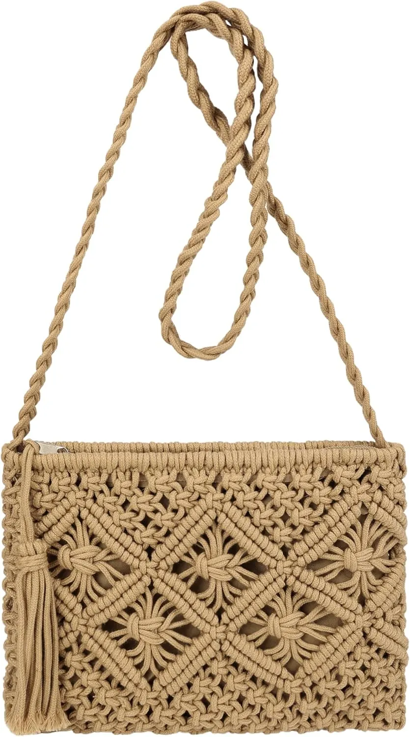 Women Beach Shoulder Bag Woven Crossbody Bag Cotton Crochet Handmade Satchel Handbag Purse Bag for Summer