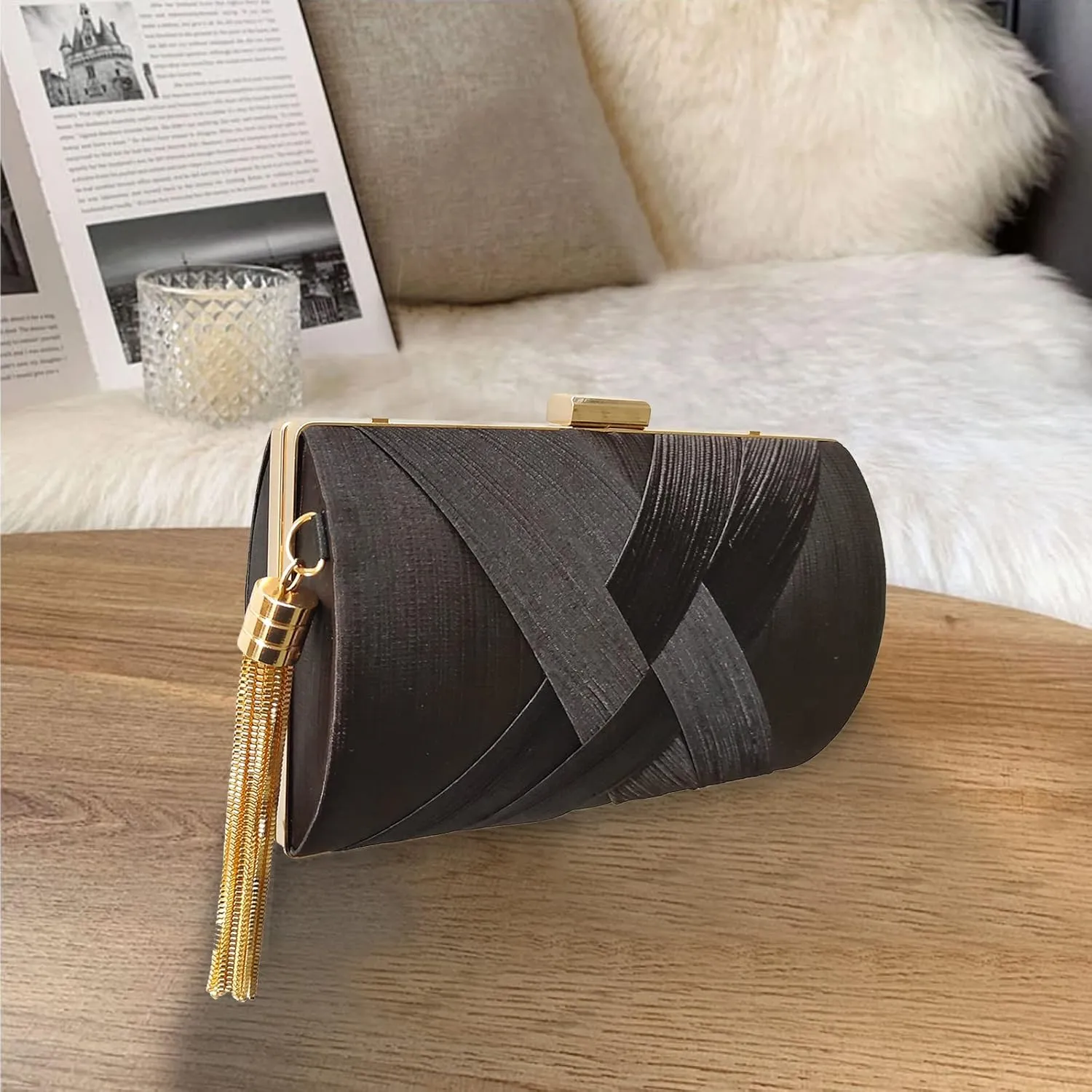 Women Clutch Bag Evening Bag with Tassel Pendant Bridal Wedding Purse Ladies Shoulder Bag With Detachable Chain