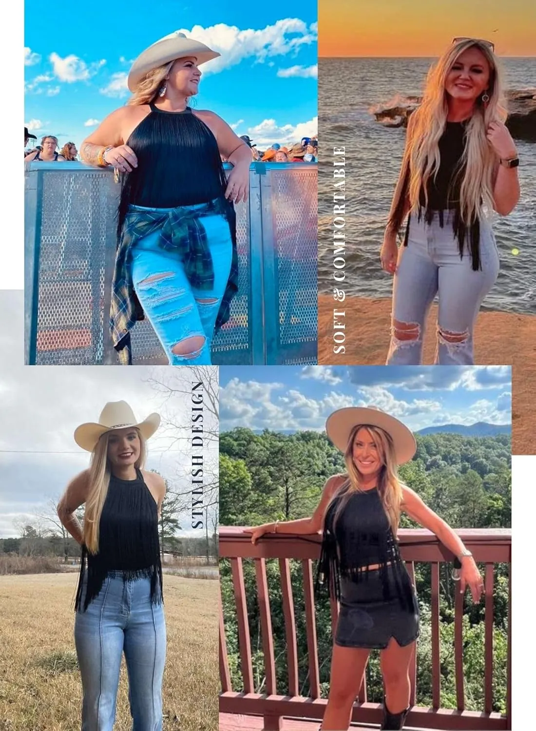 Women Cowgirl Fringe Tank Top - Country Concert Outfits Boho Halter Tassel Tops Nashville Festival High Neck Shirt
