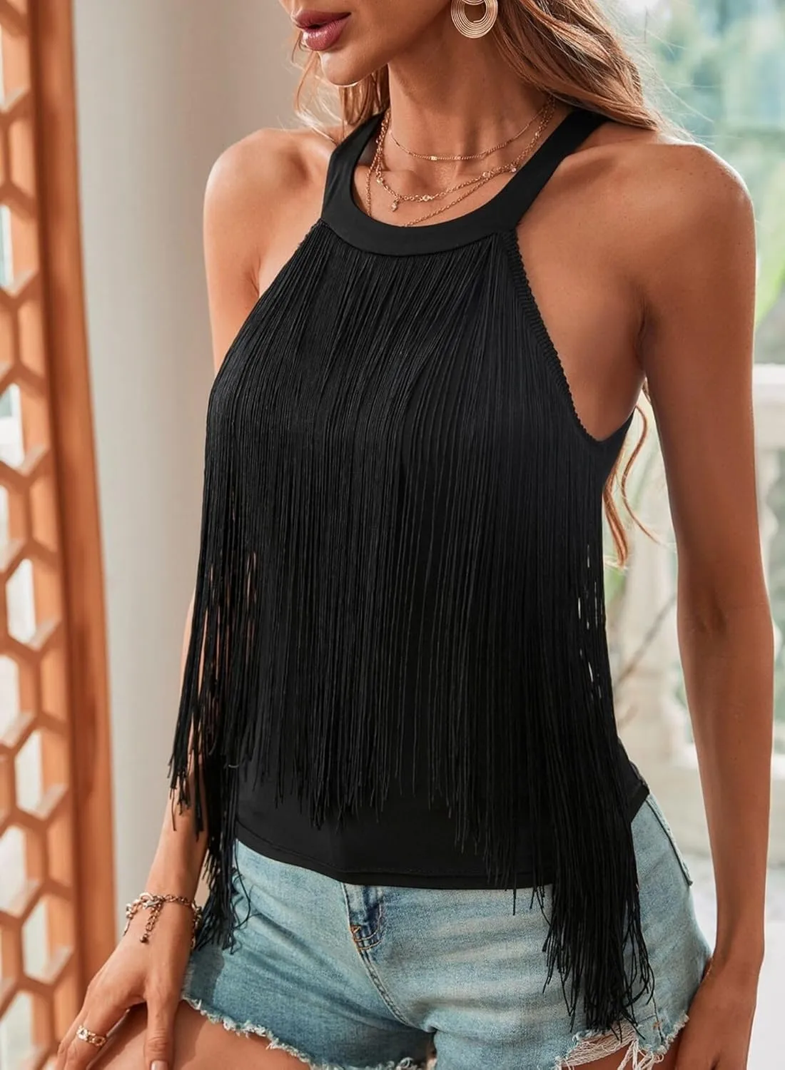 Women Cowgirl Fringe Tank Top - Country Concert Outfits Boho Halter Tassel Tops Nashville Festival High Neck Shirt