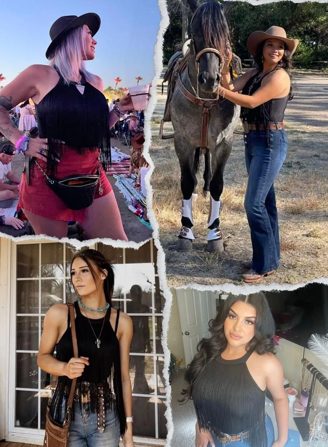 Women Cowgirl Fringe Tank Top - Country Concert Outfits Boho Halter Tassel Tops Nashville Festival High Neck Shirt