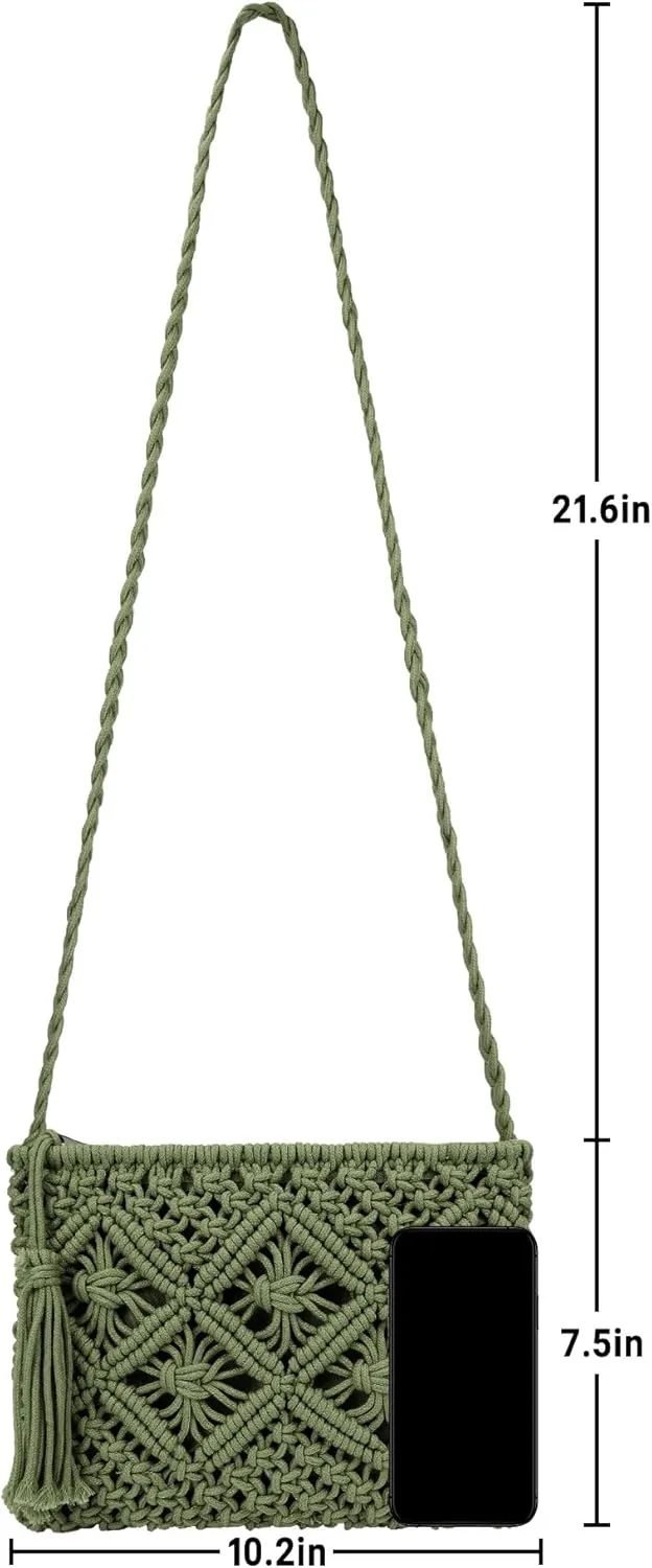 Women Crochet Shoulder Bag Handmade Woven Beach Crossbody Handbag Satchel Purse with Tassel for Summer