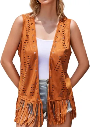 Women Fringe Tassel Vest Western 70s Cowgirl Faux Suede Sleeveless Vest