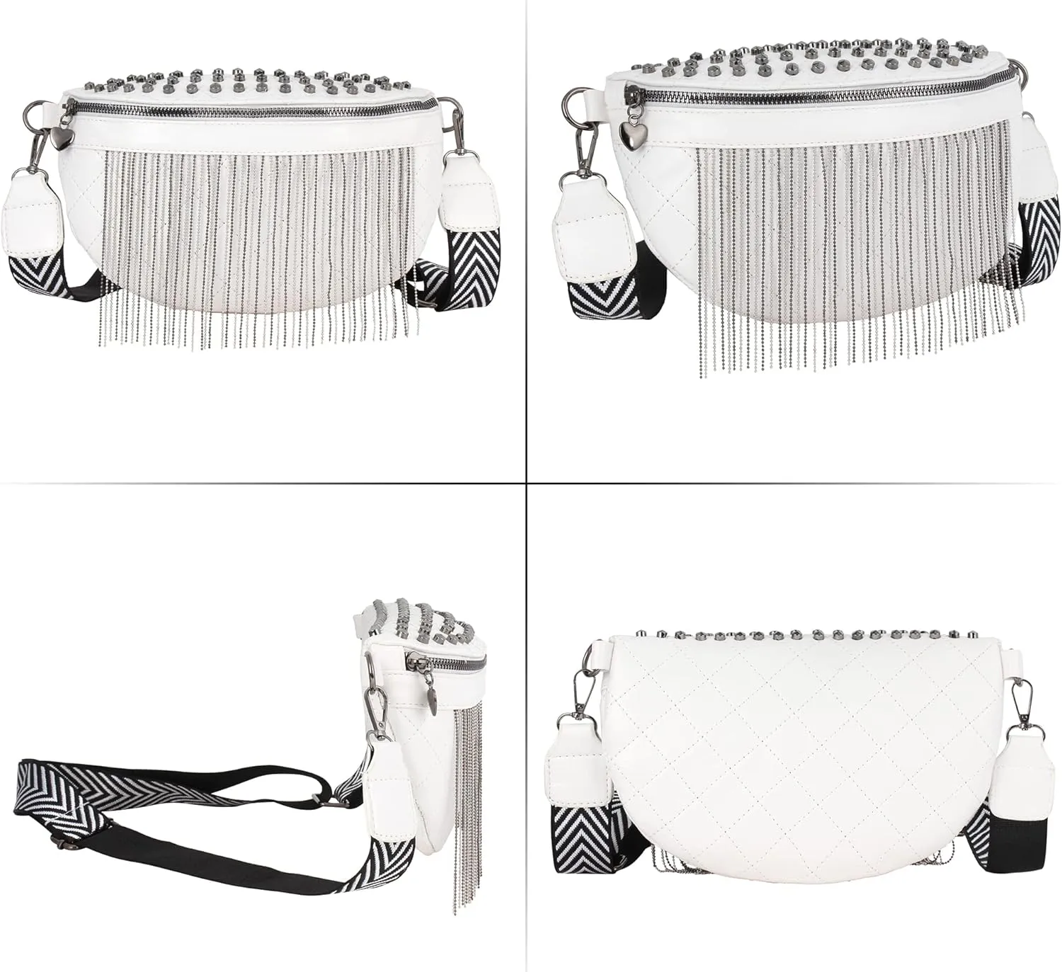 Women Girls Rivet Metal Tassel Faux Leather Fanny Pack Waist Bag Chest Bag Crossbody Shoulder Bag