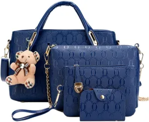 Women Ladies 4 Pcs PurseTop Handle Satchel Hobo Handbag Set Large Tote  Wallet  Shoulder Bag Card Holder (Blue)
