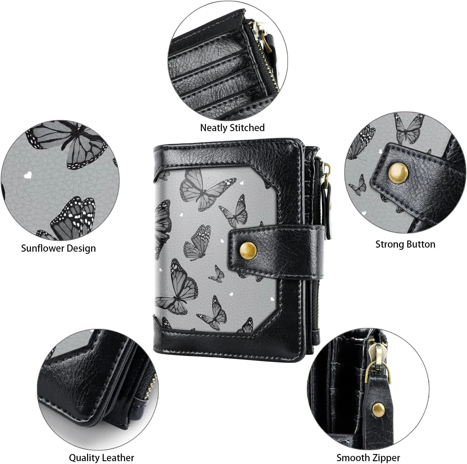 Women Leather Wallet RFID Blocking Small Bifold Zipper Pocket Wallet Card Case Purse with ID Window, Black Butterflies