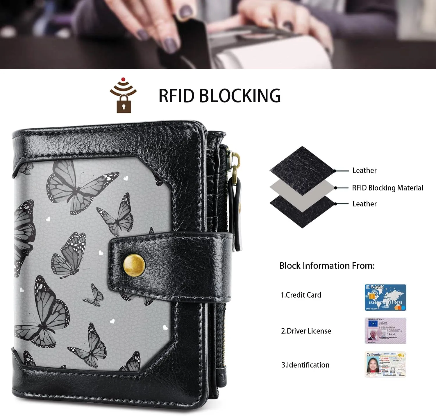 Women Leather Wallet RFID Blocking Small Bifold Zipper Pocket Wallet Card Case Purse with ID Window, Black Butterflies