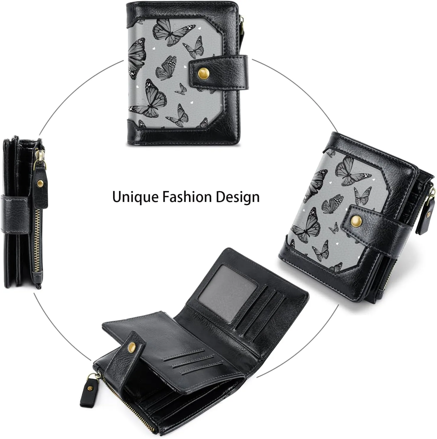 Women Leather Wallet RFID Blocking Small Bifold Zipper Pocket Wallet Card Case Purse with ID Window, Black Butterflies