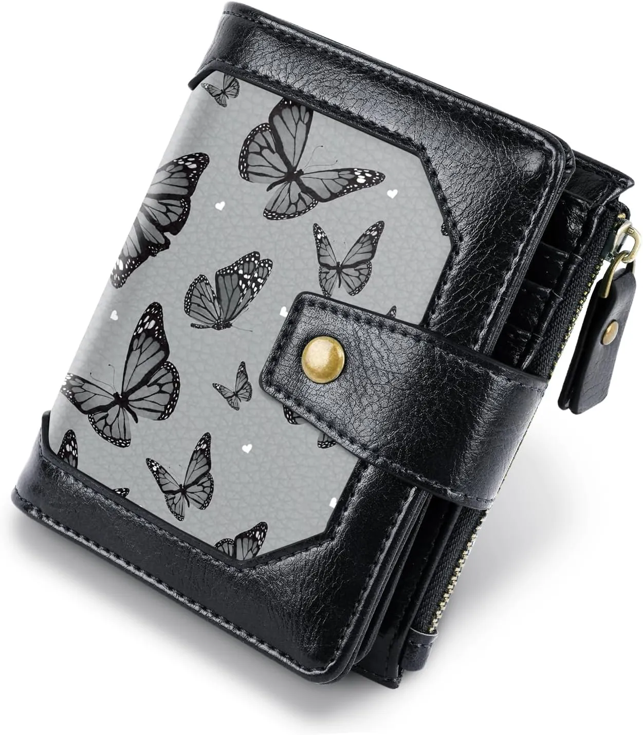 Women Leather Wallet RFID Blocking Small Bifold Zipper Pocket Wallet Card Case Purse with ID Window, Black Butterflies