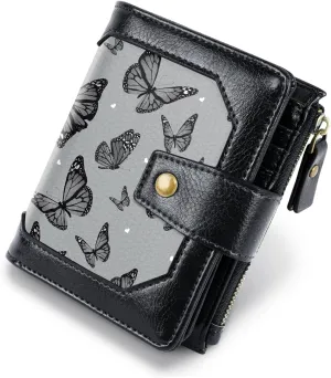 Women Leather Wallet RFID Blocking Small Bifold Zipper Pocket Wallet Card Case Purse with ID Window, Black Butterflies