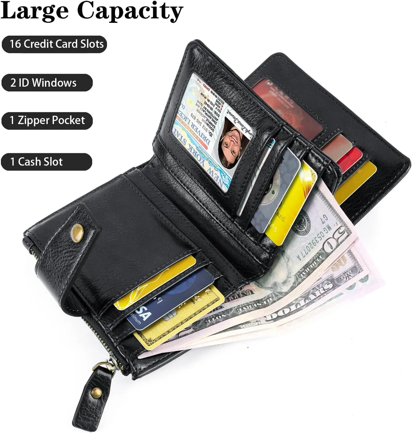 Women Leather Wallet RFID Blocking Small Bifold Zipper Pocket Wallet Card Case Purse with ID Window, Black Butterflies