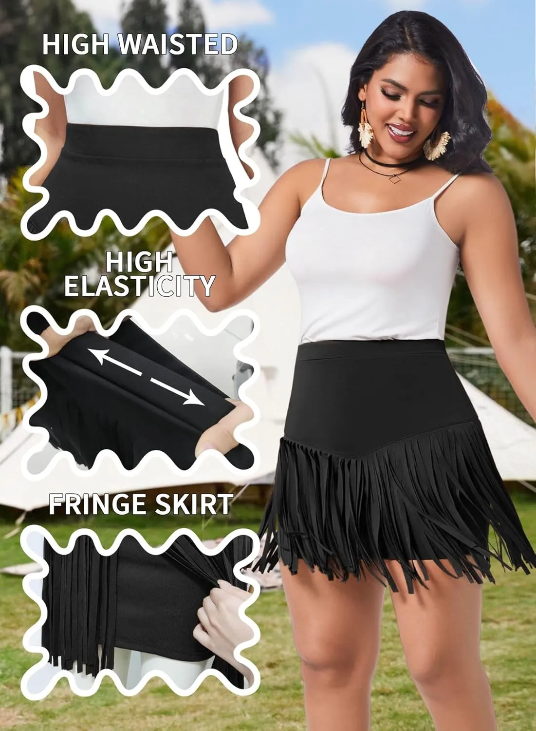 Women Plus Size Fringe Cowgirl Mini Skirt - Western Country Concert Rodeo Outfit High Waisted Tassel Boho Bottoms
