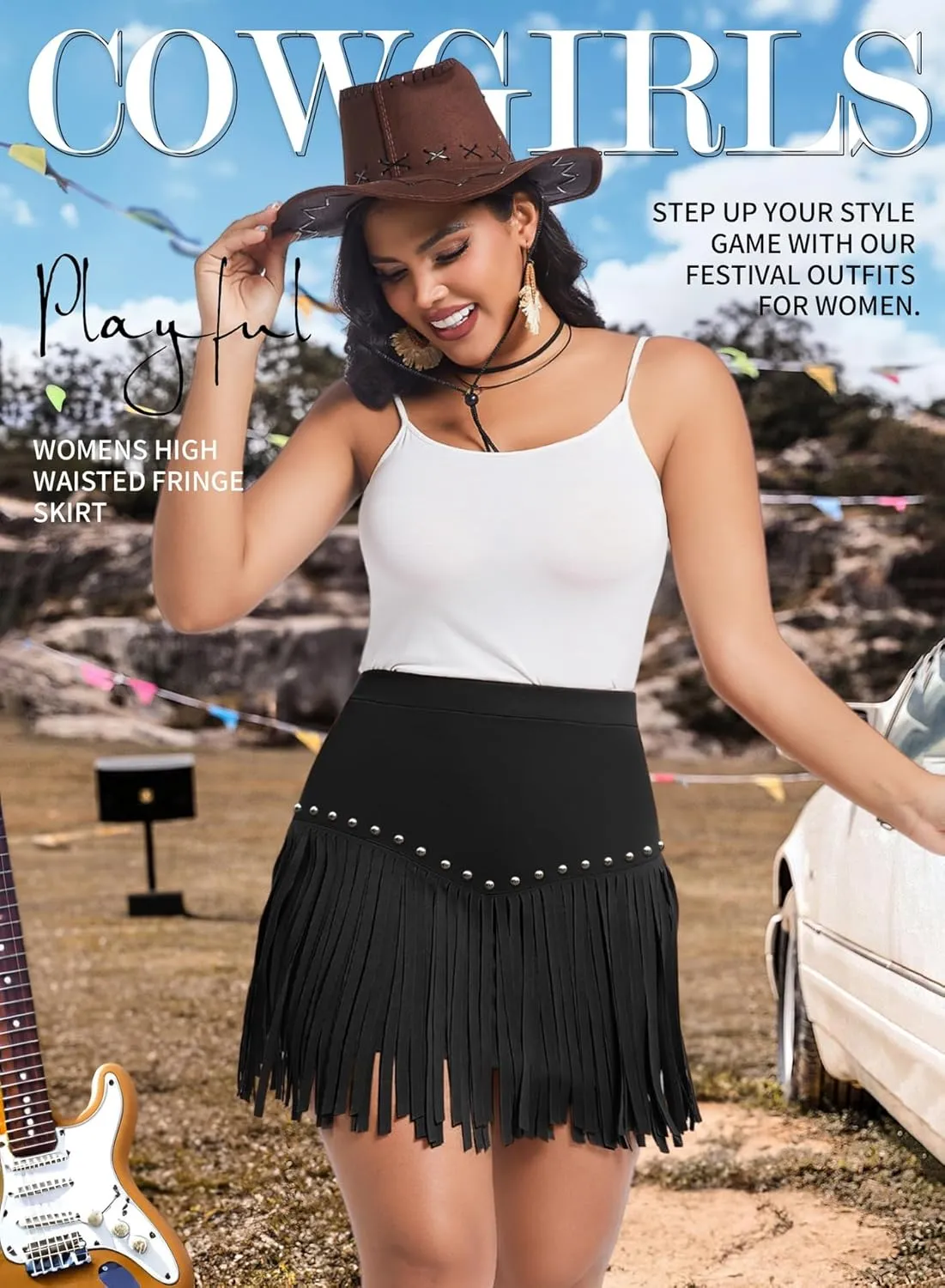 Women Plus Size Fringe Cowgirl Mini Skirt - Western Country Concert Rodeo Outfit High Waisted Tassel Boho Bottoms
