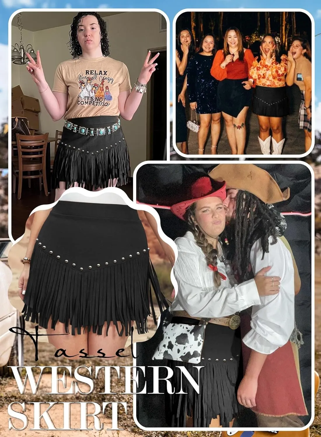Women Plus Size Fringe Cowgirl Mini Skirt - Western Country Concert Rodeo Outfit High Waisted Tassel Boho Bottoms