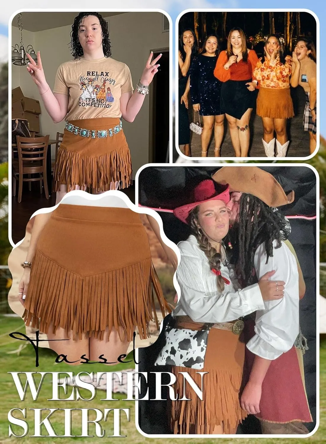 Women Plus Size Fringe Cowgirl Mini Skirt - Western Country Concert Rodeo Outfit High Waisted Tassel Boho Bottoms