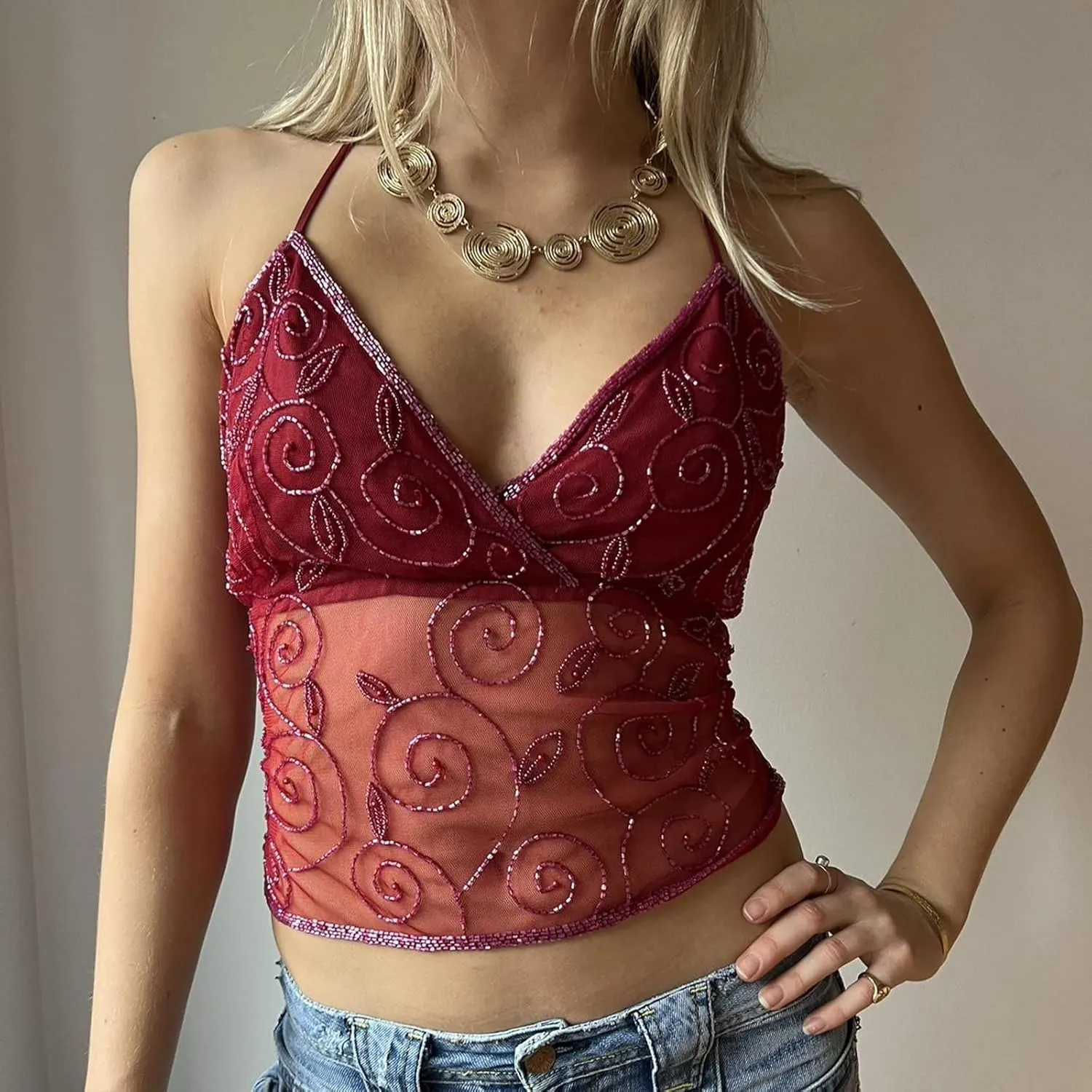 Women Sequin Halter Cami Top Y2K Sexy Low Cut Open Back Criss Cross Sparkly Glitter Camisole Tank Crop Tops