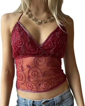Women Sequin Halter Cami Top Y2K Sexy Low Cut Open Back Criss Cross Sparkly Glitter Camisole Tank Crop Tops