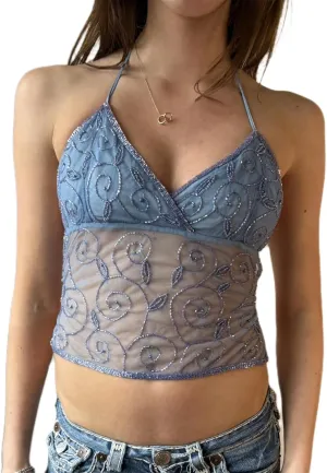 Women Sequin Halter Cami Top Y2K Sexy Low Cut Open Back Criss Cross Sparkly Glitter Camisole Tank Crop Tops