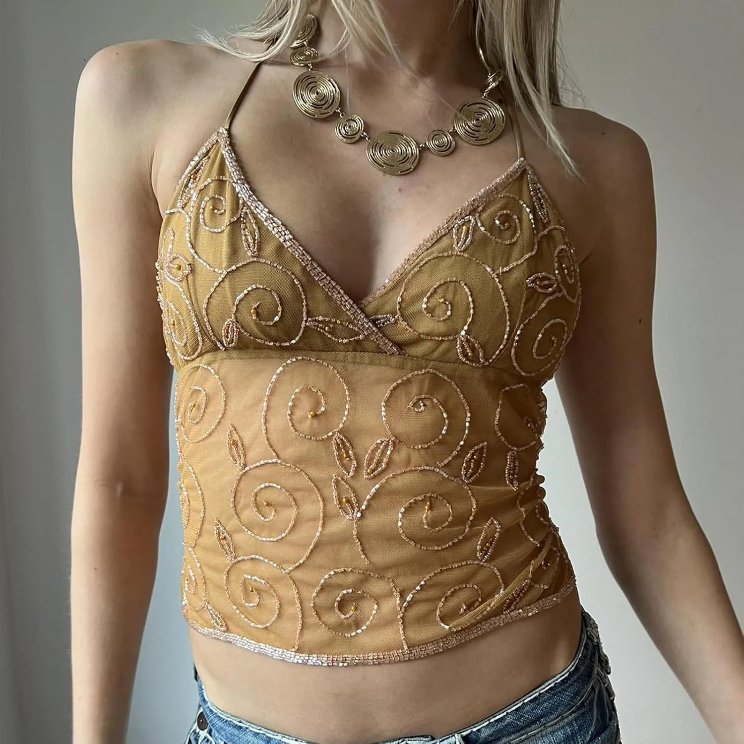 Women Sequin Halter Cami Top Y2K Sexy Low Cut Open Back Criss Cross Sparkly Glitter Camisole Tank Crop Tops