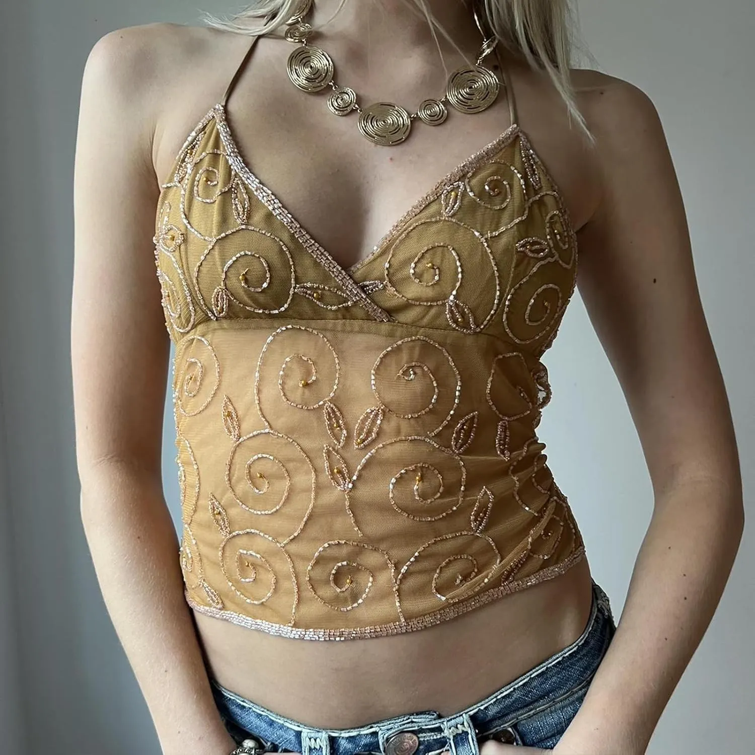 Women Sequin Halter Cami Top Y2K Sexy Low Cut Open Back Criss Cross Sparkly Glitter Camisole Tank Crop Tops