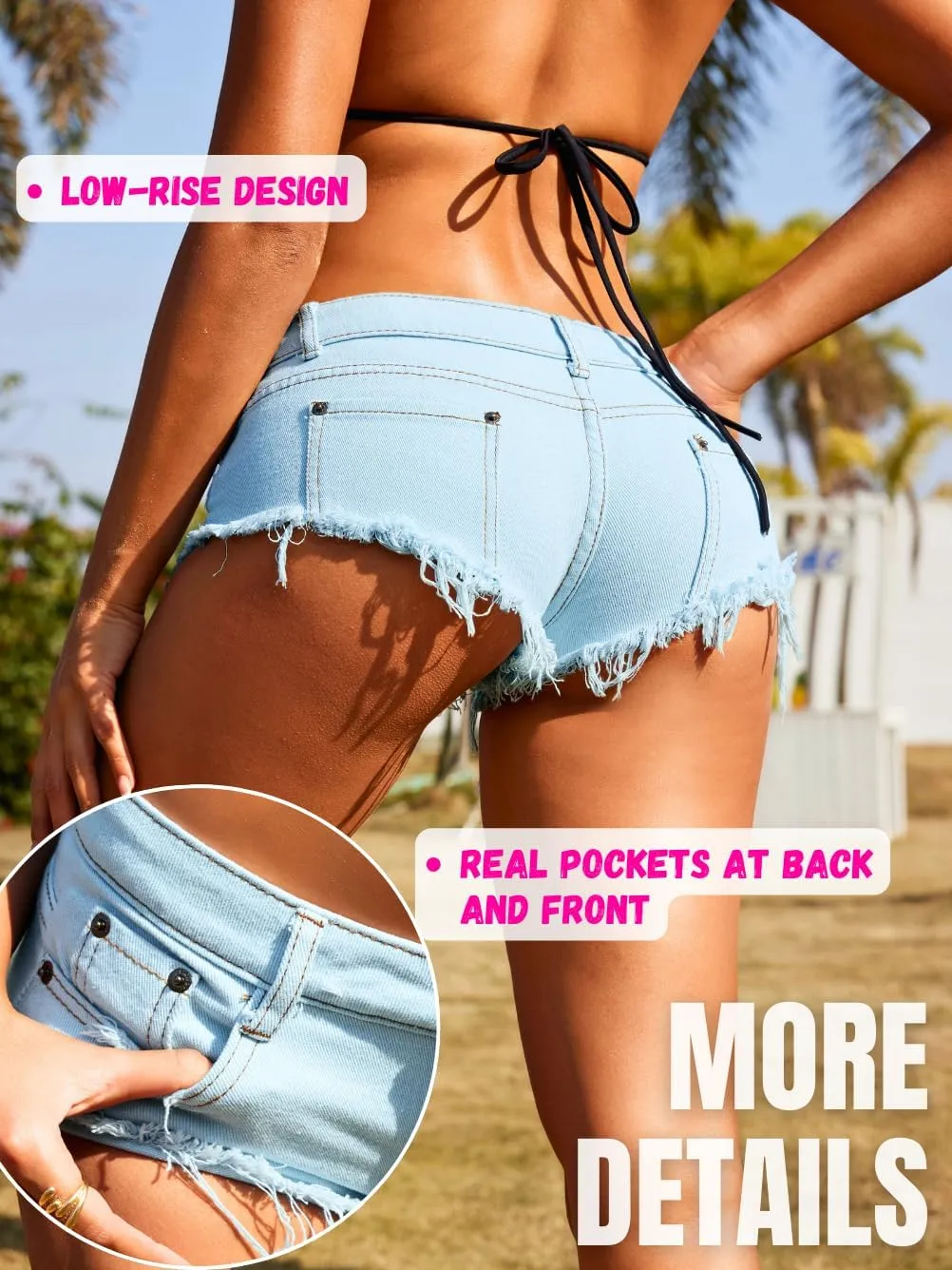 Women Sexy Cowgirl Booty Jean Shorts, Low Rise Mini Ripped Cheeky Jeans, Denim Hot Pants Beach Outfits Rave Festival