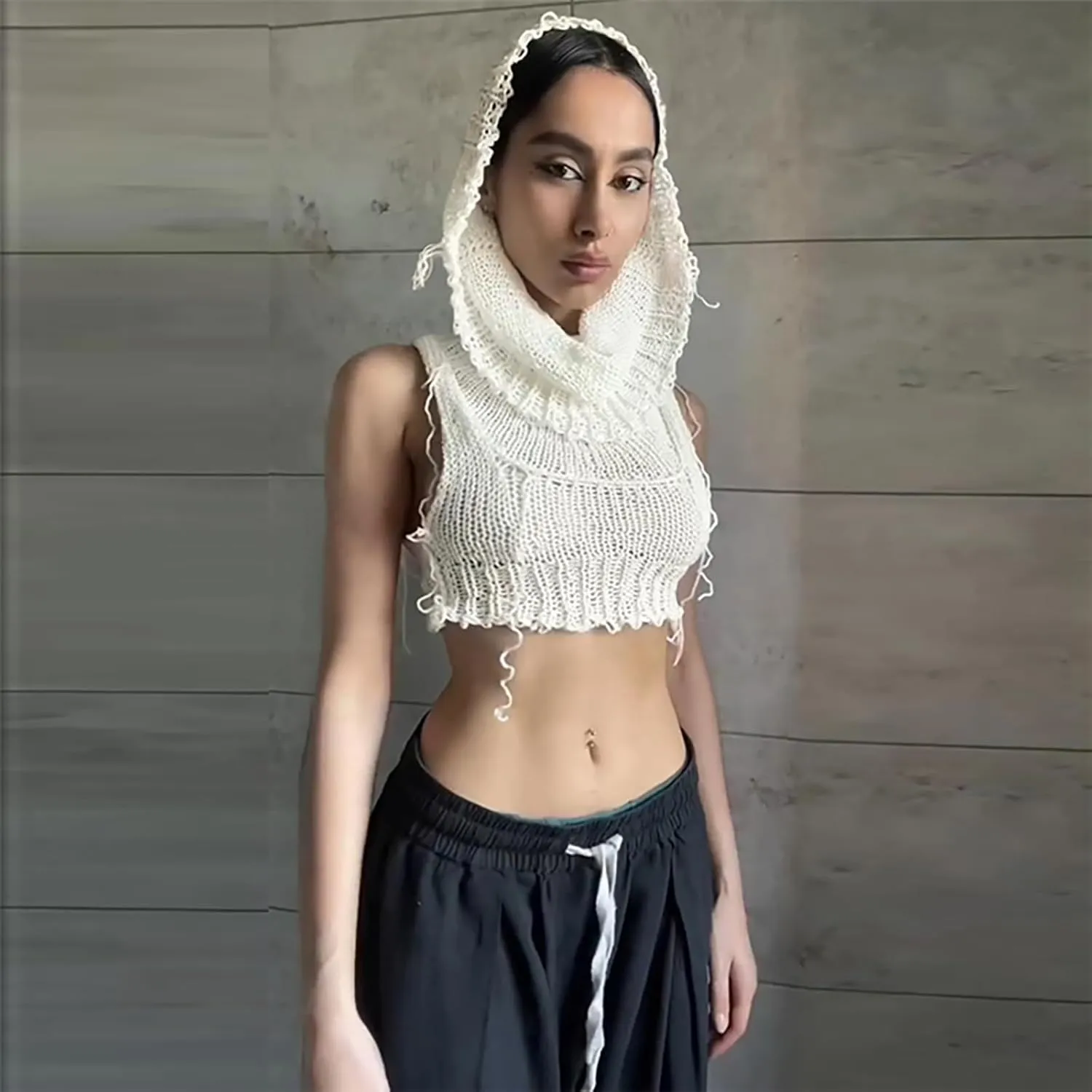 Women Sleeveless Cropped Crop Top Hoodies Sweater Knit Punk Hip Hop Dance Sexy Rave Cloth