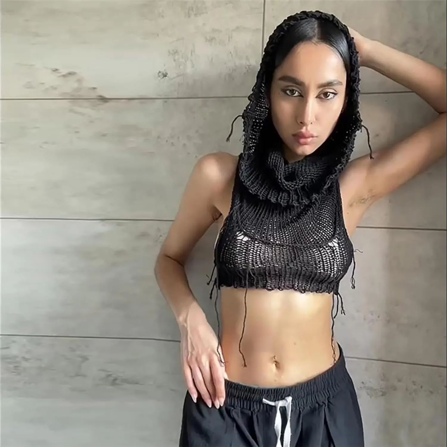 Women Sleeveless Cropped Crop Top Hoodies Sweater Knit Punk Hip Hop Dance Sexy Rave Cloth