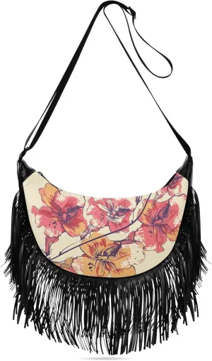 Women's Crossbody Handbags Flowers and Colorful Beetles Fringe Tassel Cross Body Bag Shoulder Handbag