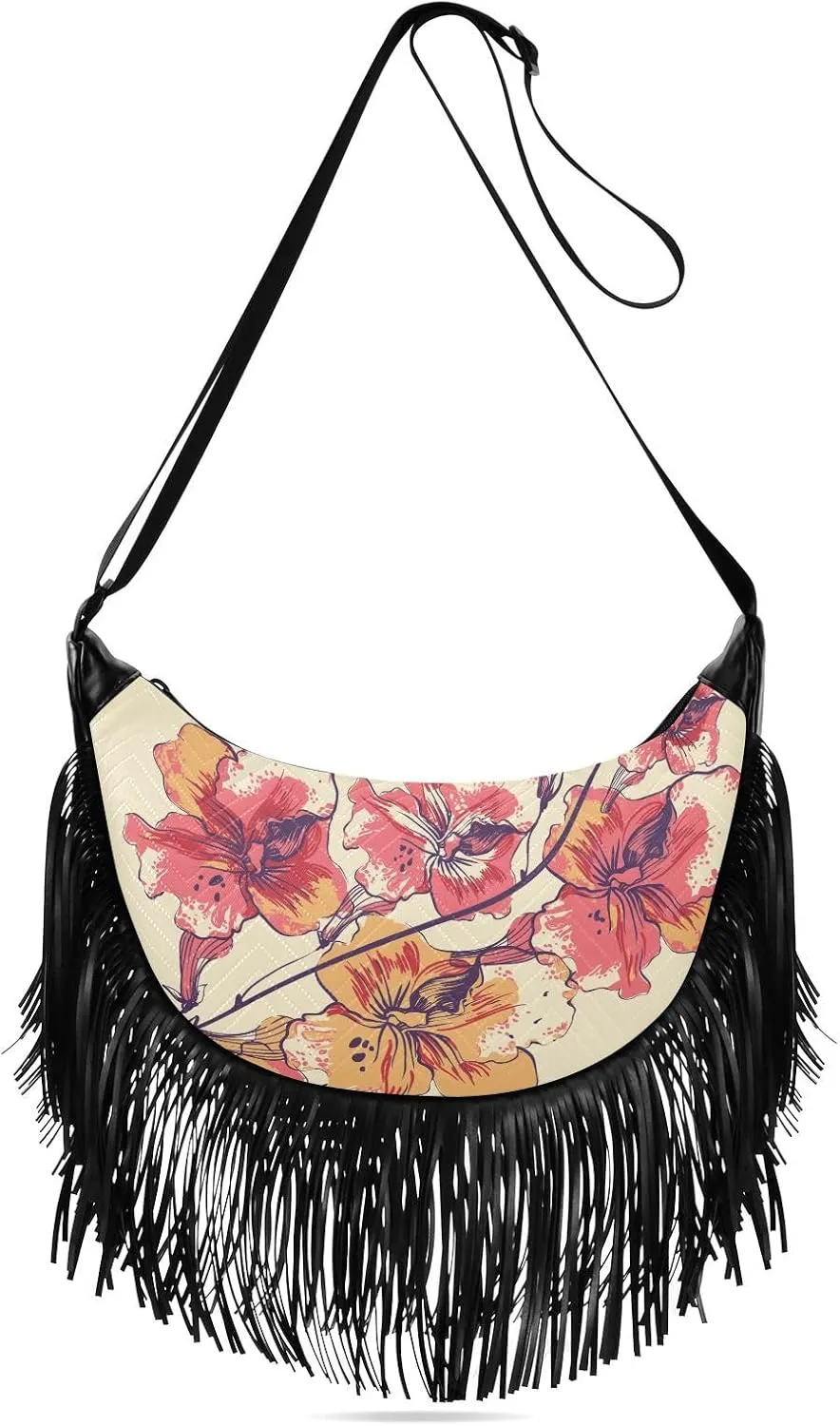 Women's Crossbody Handbags Flowers and Colorful Beetles Fringe Tassel Cross Body Bag Shoulder Handbag
