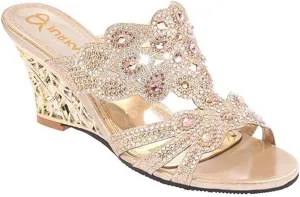 Women's Crystal Rhinestone Peacock Patterned Handmade Sandals Platform Wedge Dress Sandals Slippers