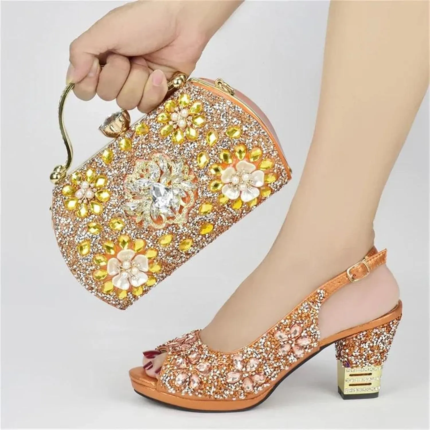 Women’s Elegant Crystal Embellished Evening Shoes and Shoulder Bag Set Italian Design Comfortable Heels for Bride