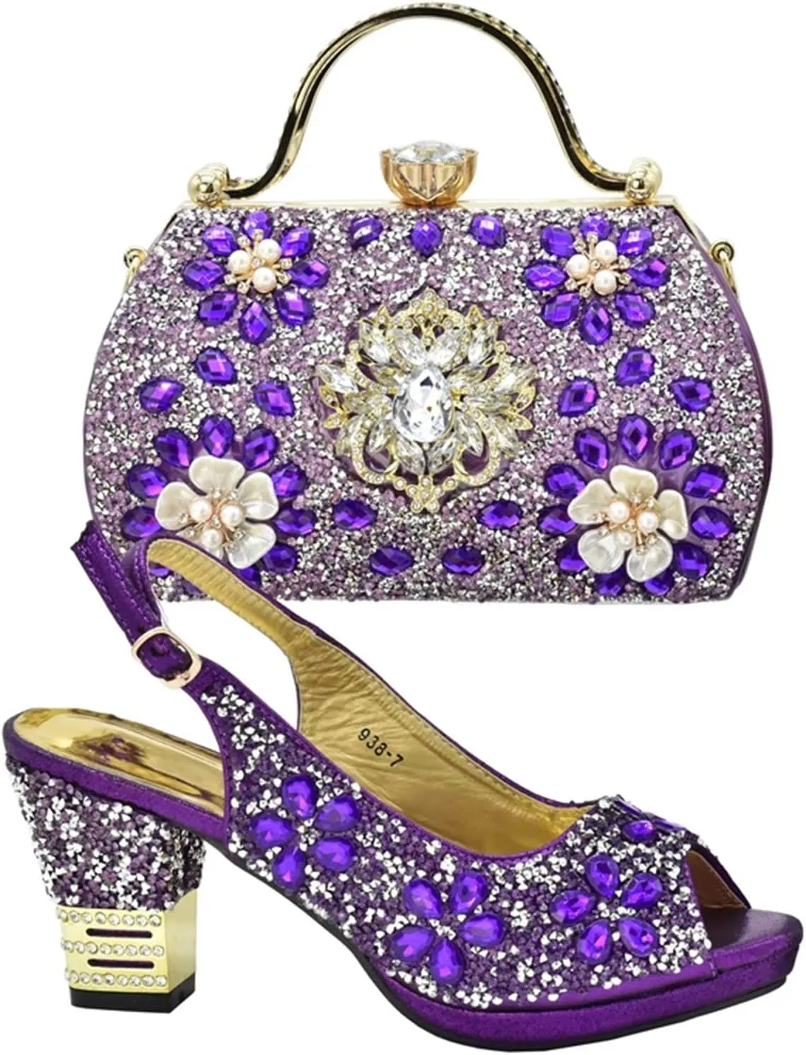 Women’s Elegant Crystal Embellished Evening Shoes and Shoulder Bag Set Italian Design Comfortable Heels for Bride