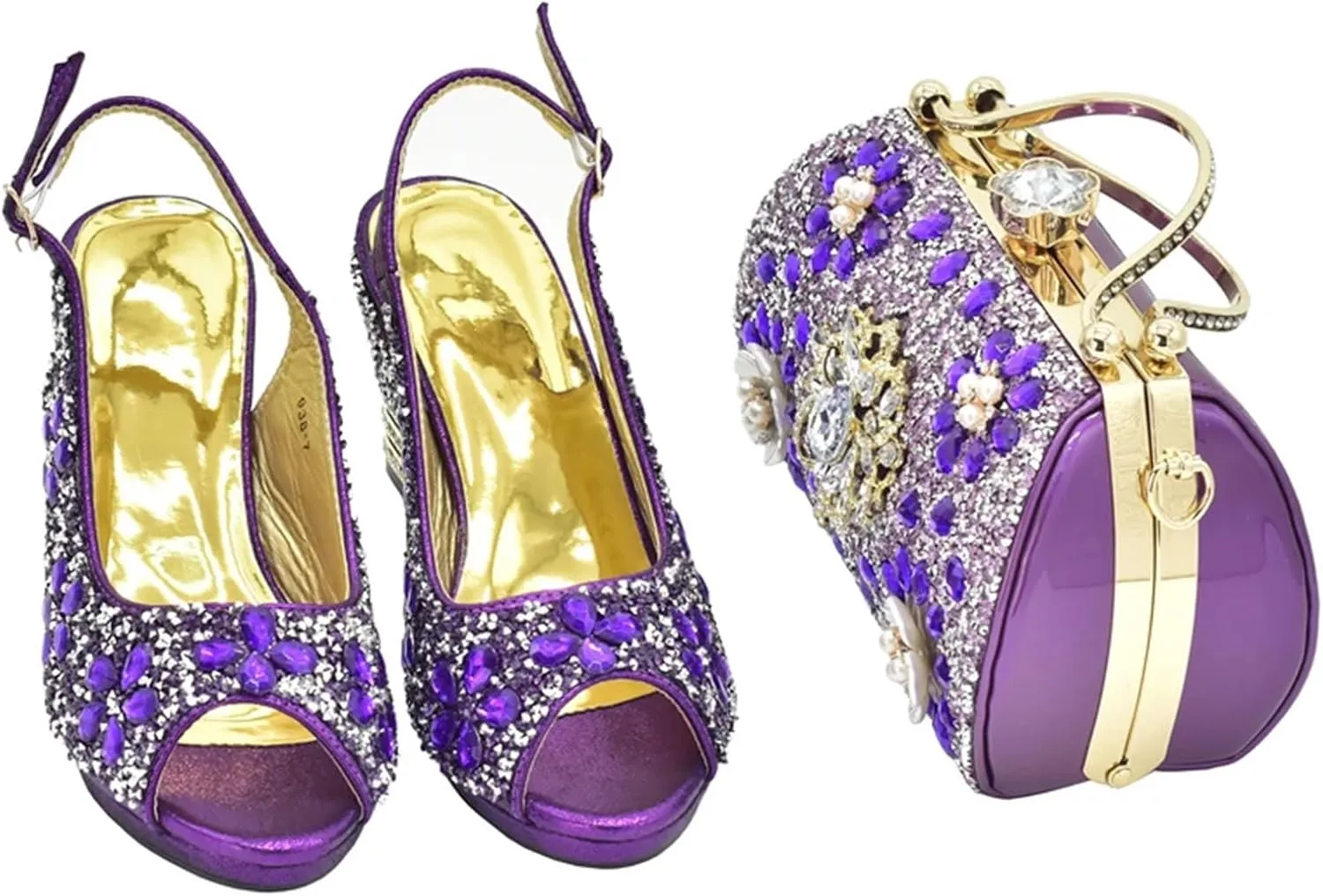Women’s Elegant Crystal Embellished Evening Shoes and Shoulder Bag Set Italian Design Comfortable Heels for Bride