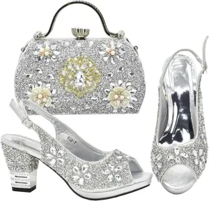 Women’s Elegant Crystal Embellished Evening Shoes and Shoulder Bag Set Italian Design Comfortable Heels for Bride