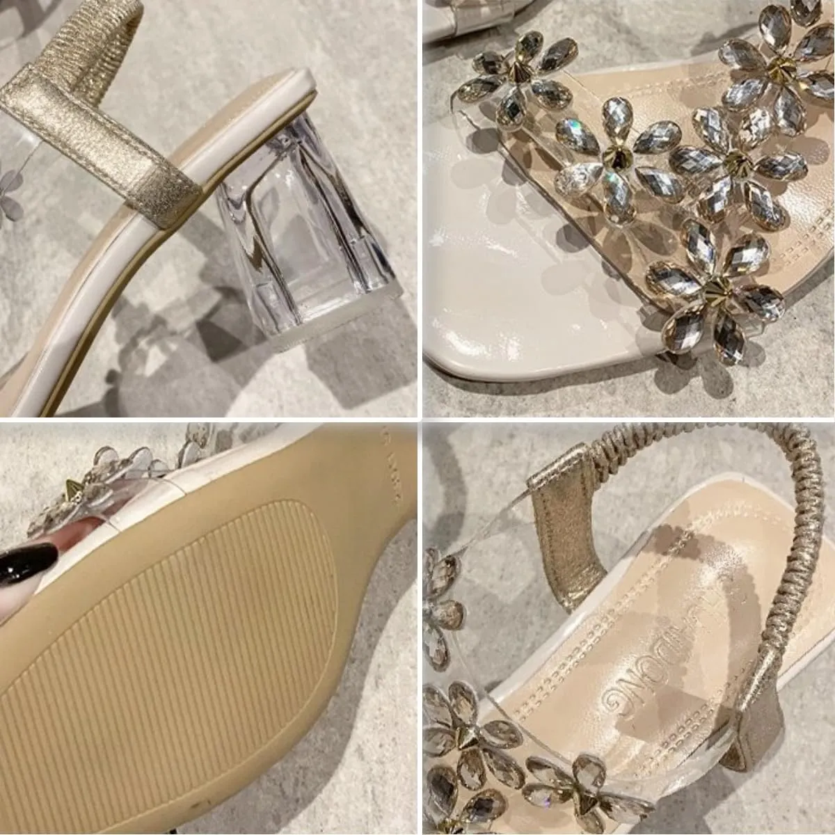 Women's Flower Rhinestone Block Heel Sandals,Fashion Elastic Ankle Strap Open Toe High Heels Shoes,Clear Floral Dress Shoes